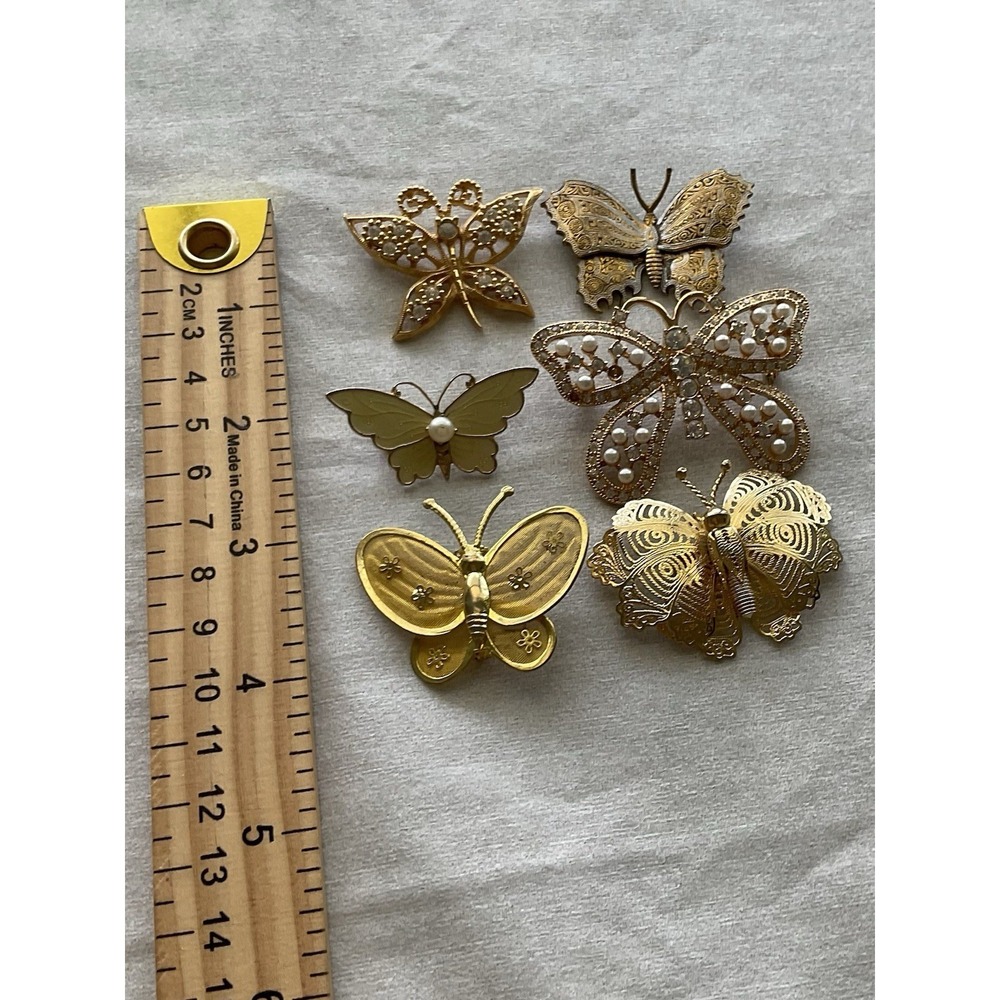 Lot Of 6 Vintage Brooch Pins Butterfly Gold Tone Estate Jewelry - Picture 7 of 12